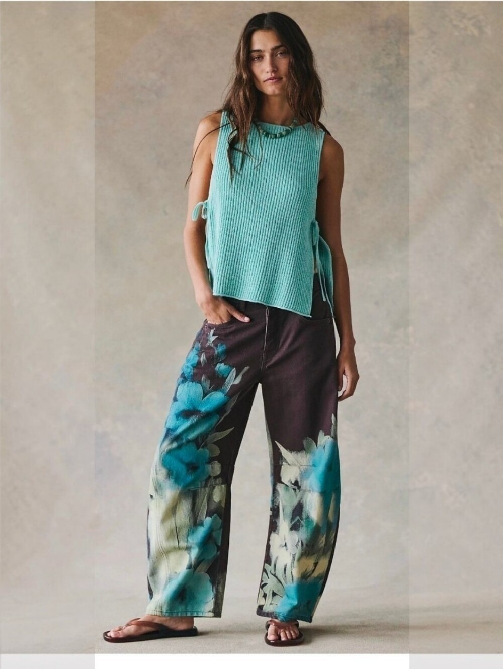 Free People We The Free Good Luck Printed Barrel Jeans Washed Floral NWOT Size 2